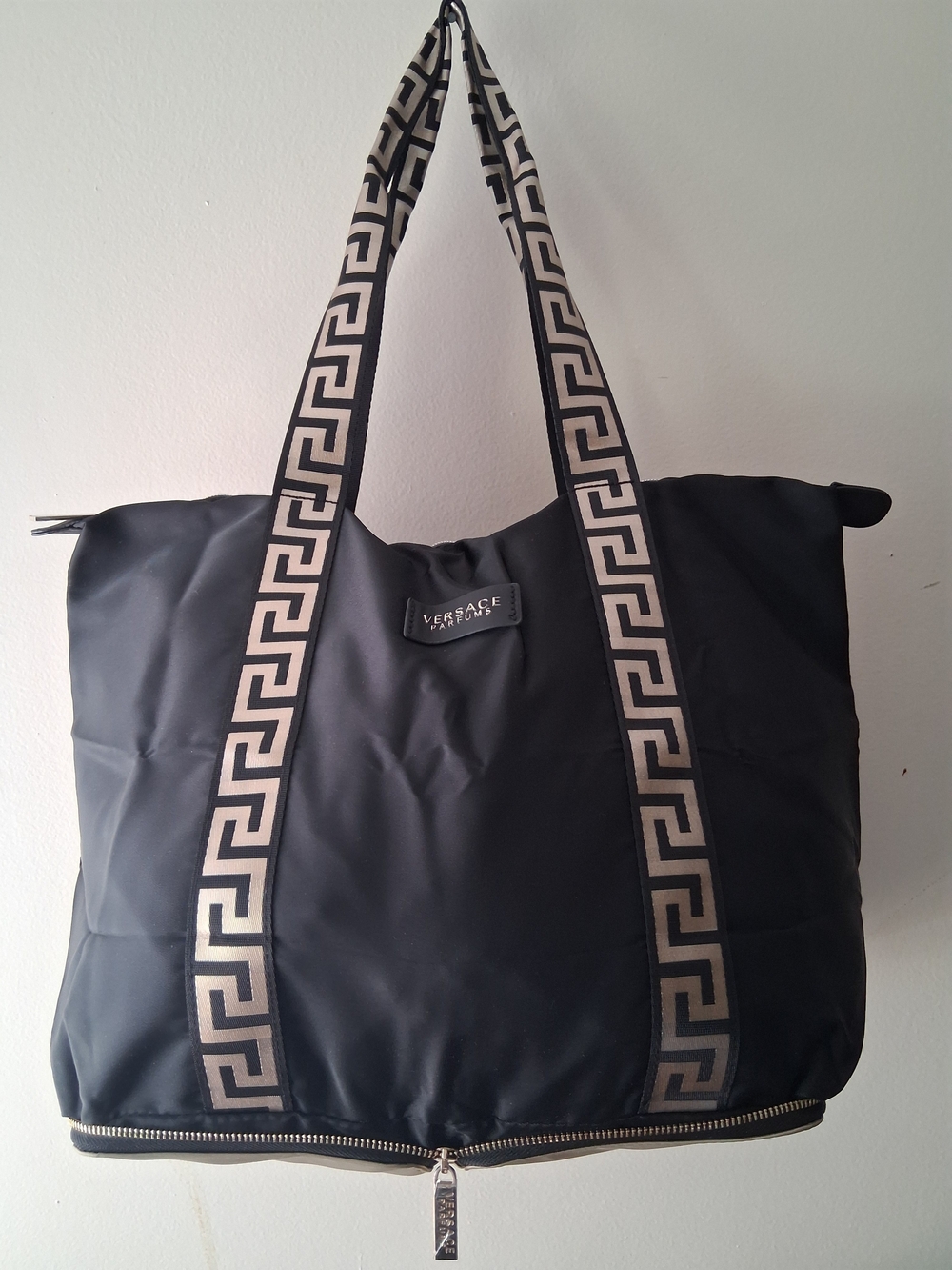 Versace Black Tote Bag with Signature Greek Key Trim